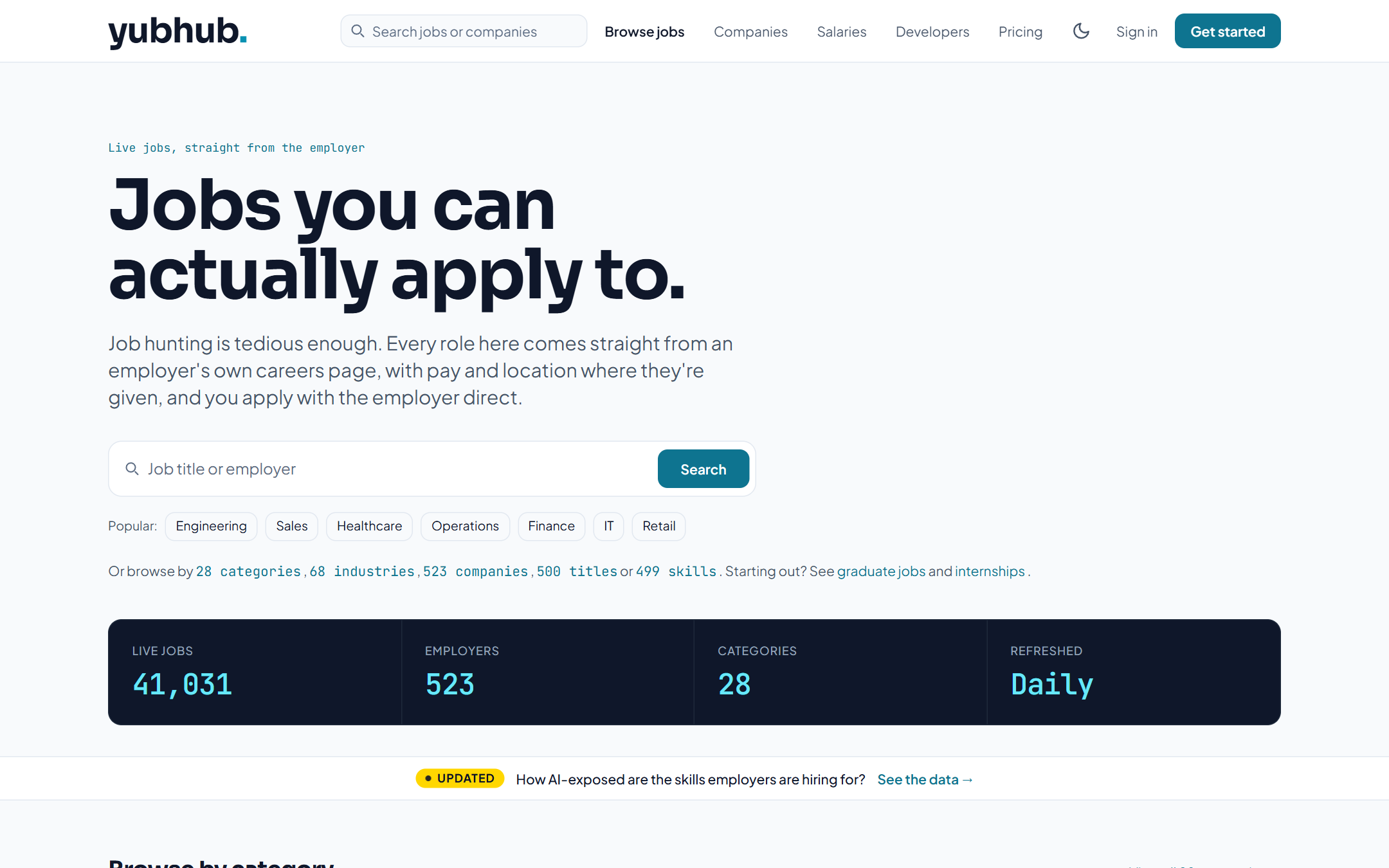 The YubHub homepage, headed Jobs you can actually apply to, with a job search box and counts of 41,031 live jobs, 523 employers and 28 categories, refreshed daily.