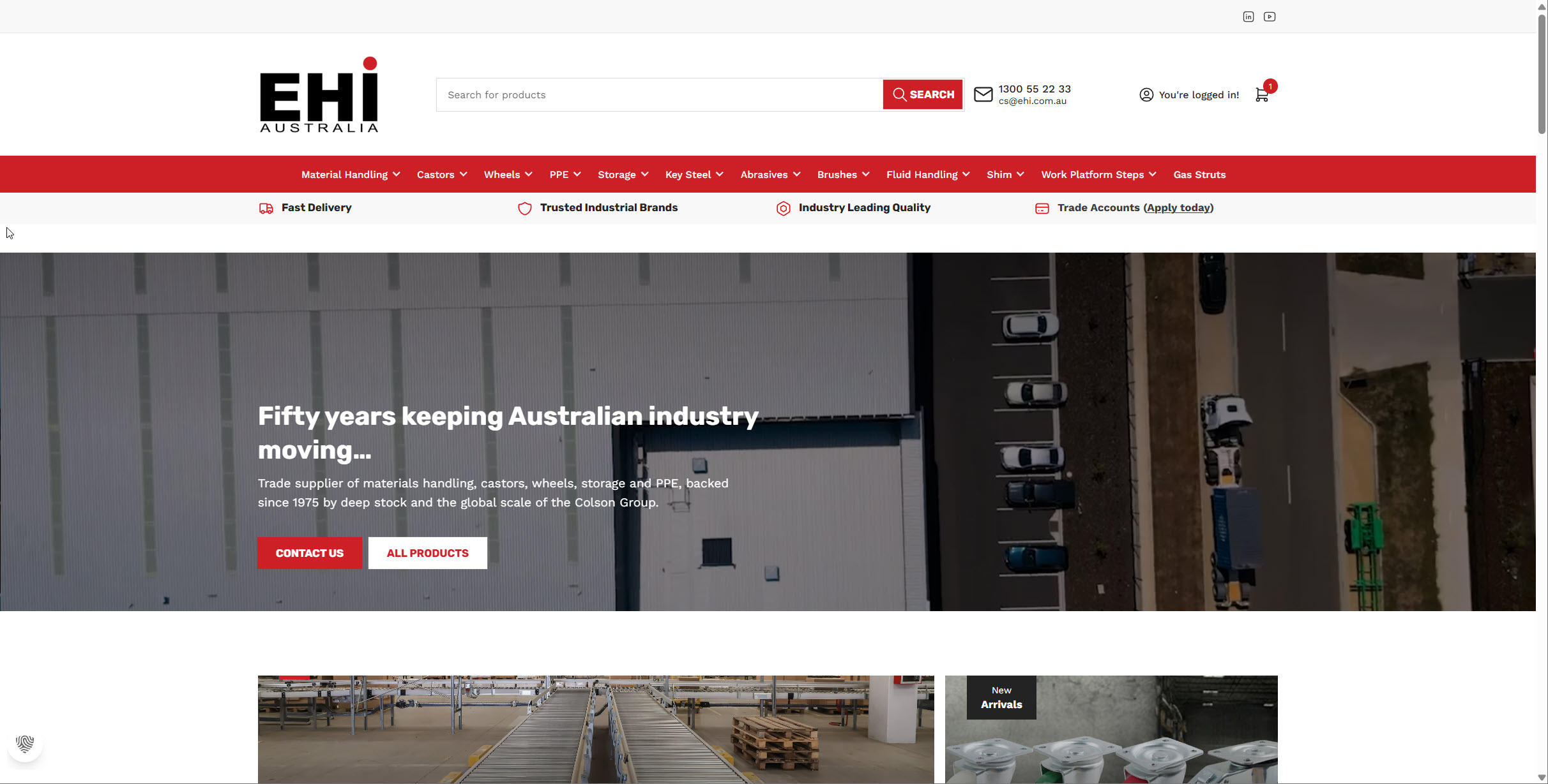 The live trade store homepage: full category navigation, trade-account application, search and logged-in B2B ordering