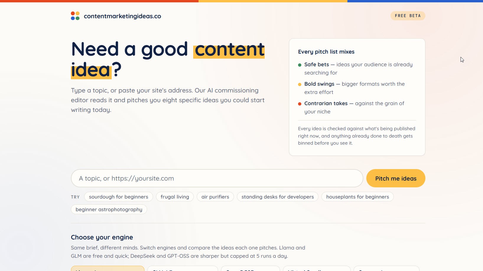 contentmarketingideas.co - type a topic or paste a URL, choose a model, get eight content ideas