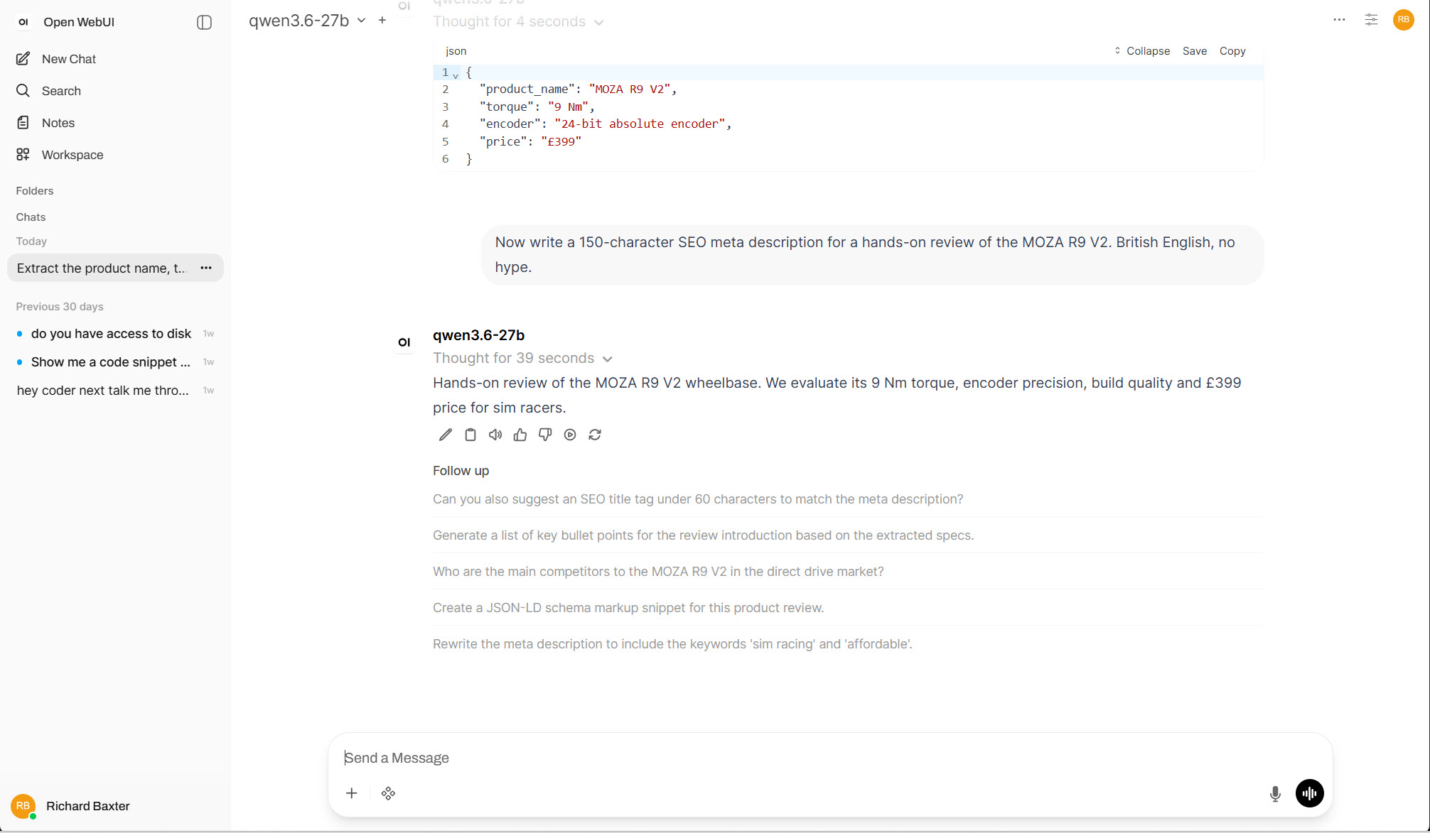 A local model running two real delegated tasks: structured extraction and SEO copy