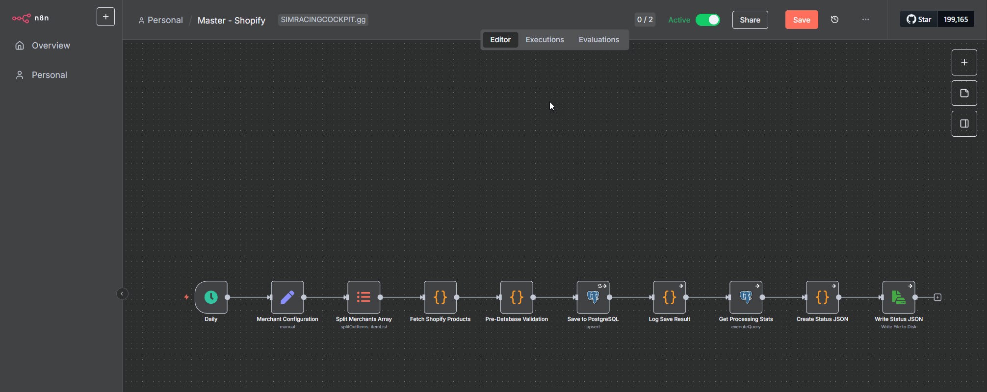 The Master - Shopify n8n workflow: Daily trigger through merchant configuration, fetch, validation, PostgreSQL save and status reporting