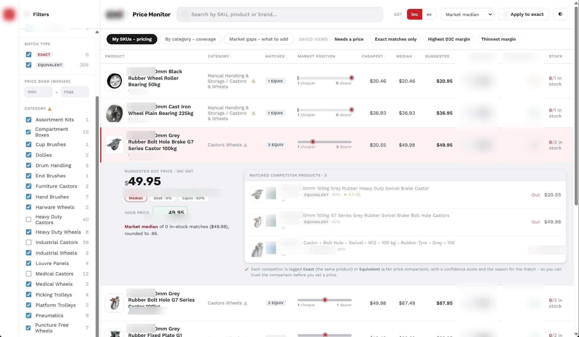The pricing grid: competitor listings matched per product, with market-position view and match confidence