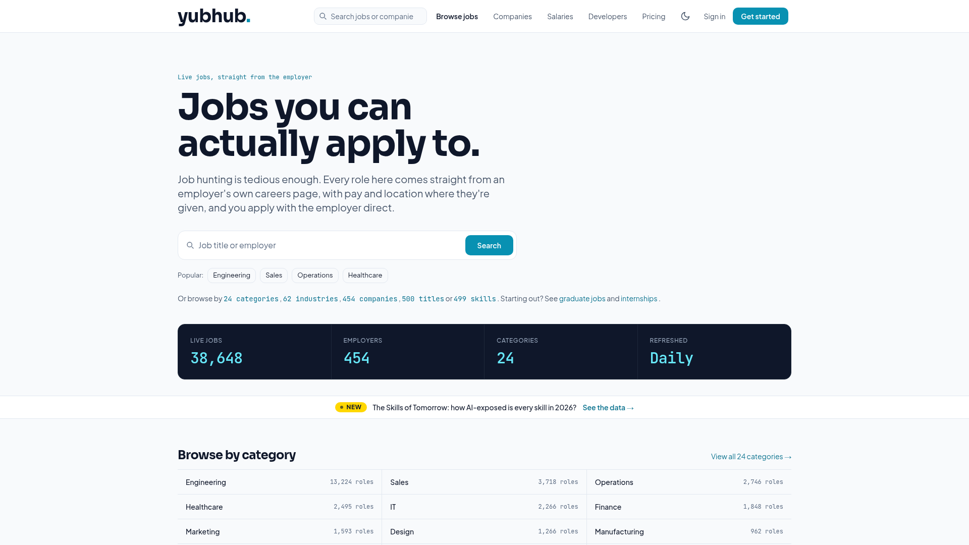 The yubhub.co homepage: job search, 38,648 live jobs, 454 employers, 24 categories and a daily refresh