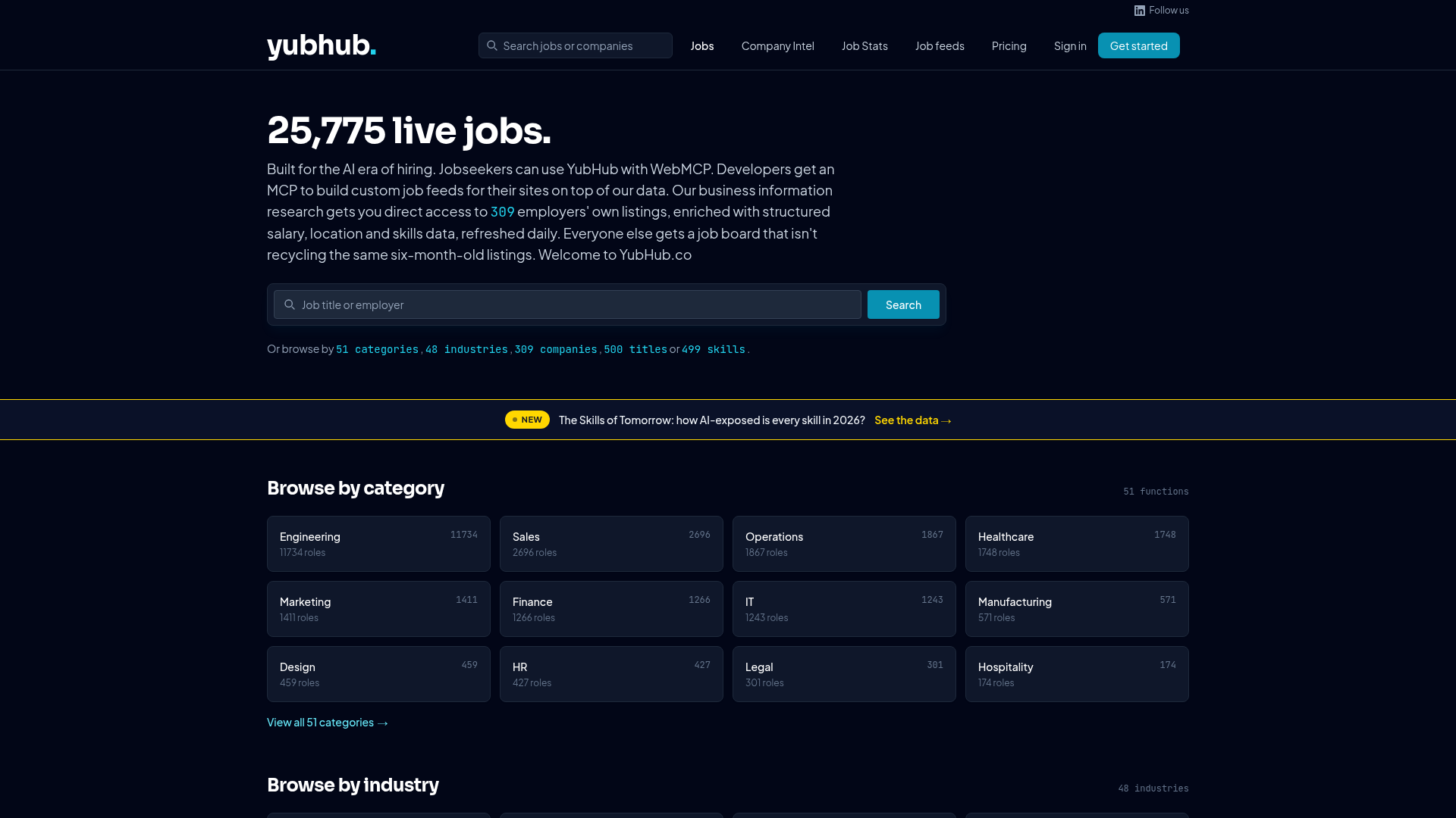 The YubHub jobs homepage: thousands of live jobs from hundreds of employers, with search, facets and enriched listings