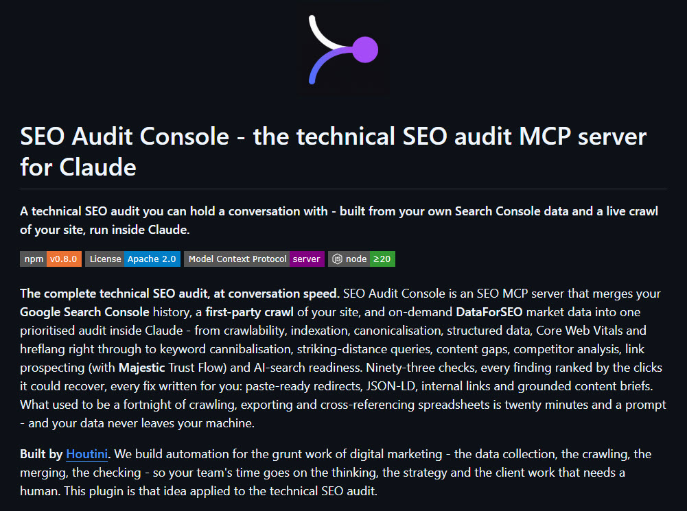 SEO Audit Console README: the complete technical SEO audit at conversation speed - Search Console history, a first-party crawl and DataForSEO market data merged inside Claude