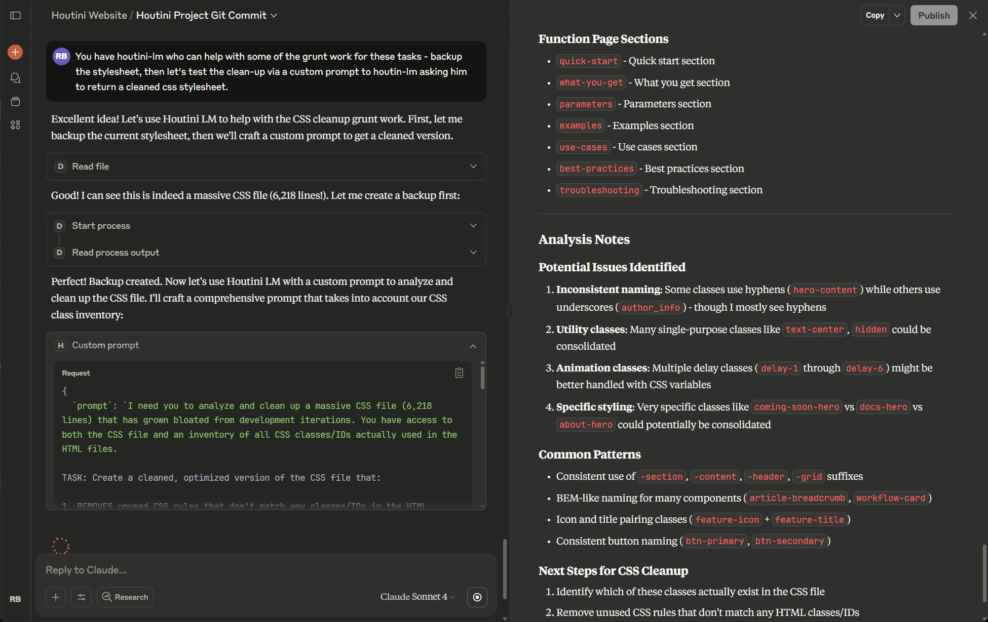 CSS cleanup analysis showing unused selectors and optimization opportunities
