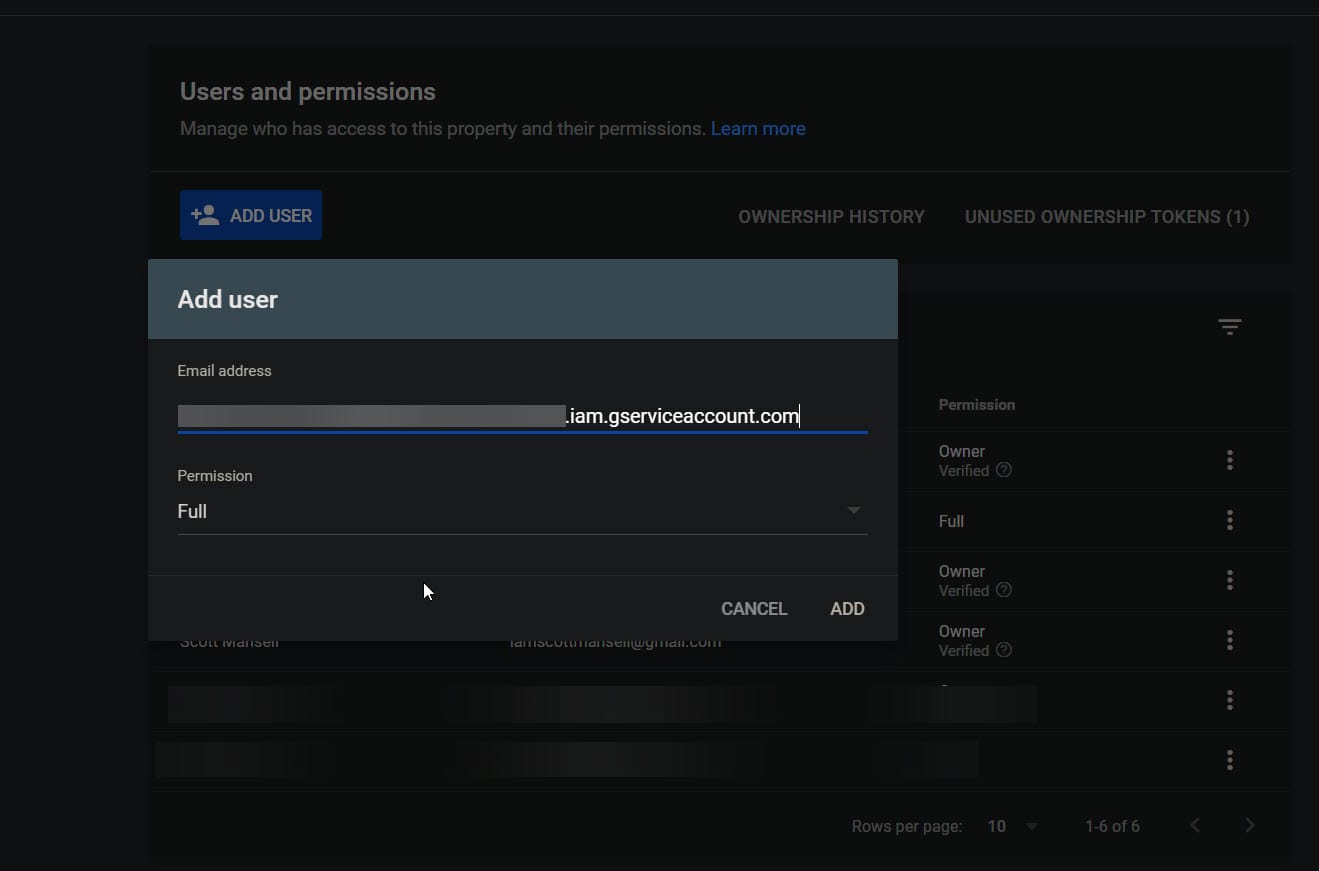 Add your service account name as a user