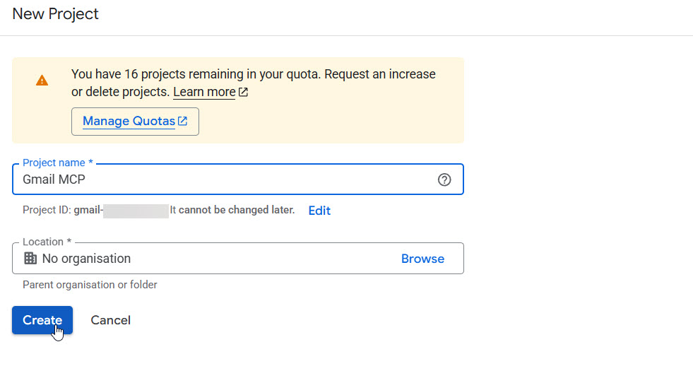 create a new project in google console