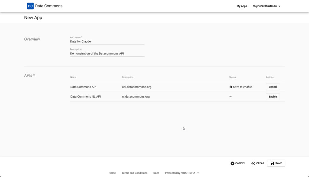 Create a new app in the Data Commons portal