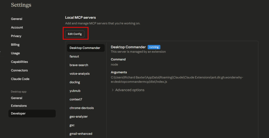 claude desktop developer settings