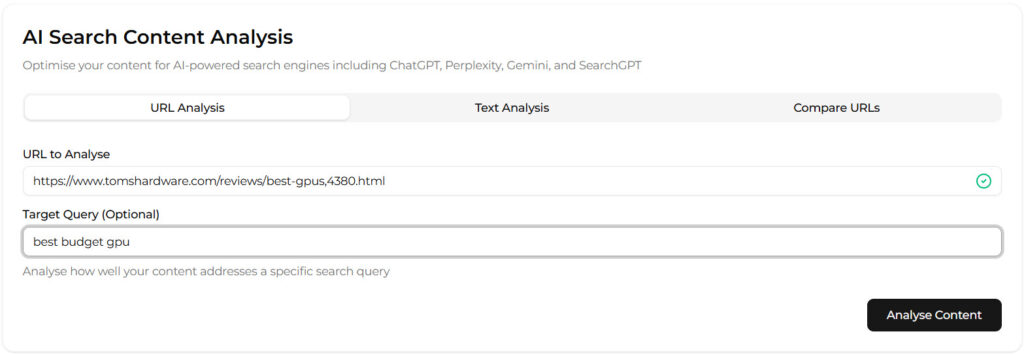Analyse content at a URL, paste in some text or submit multiple URLs (slower)