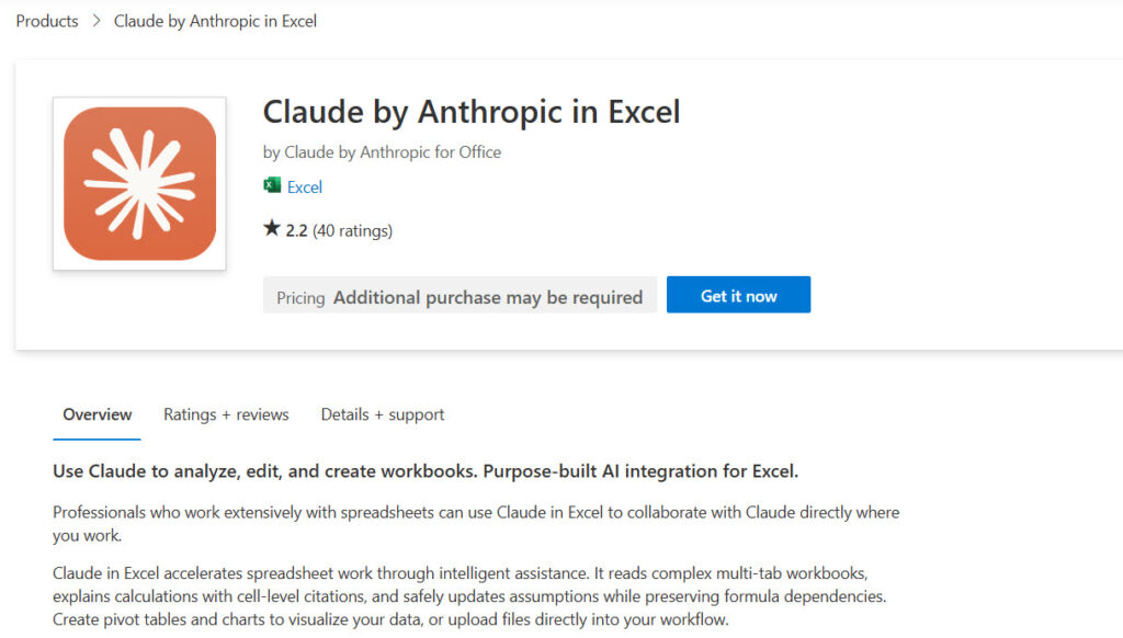 Claude In Excel on MS Marketplace - a low initial rating