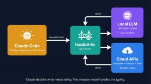 houtini-lm architecture diagram showing Claude Code delegating bounded tasks via MCP server to local LLM and cloud API endpoints