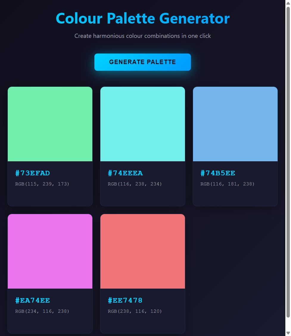 Browser showing the colour palette generator app built by Claude Code with dark UI and five colour swatches