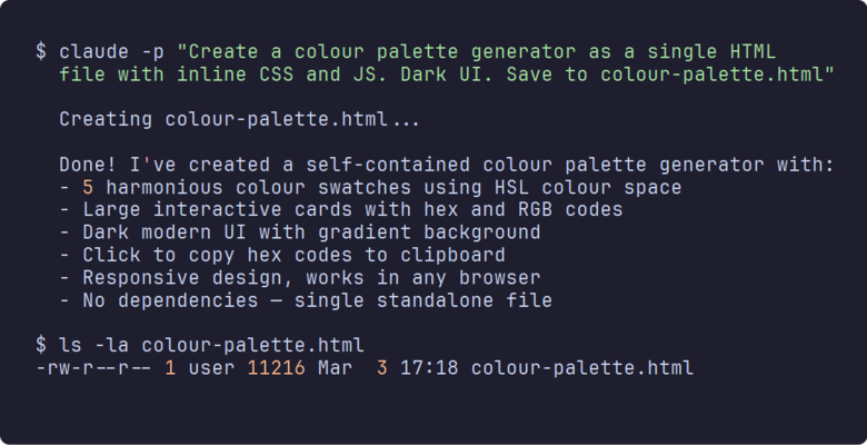 Terminal showing Claude Code building a colour palette generator HTML app from a single prompt