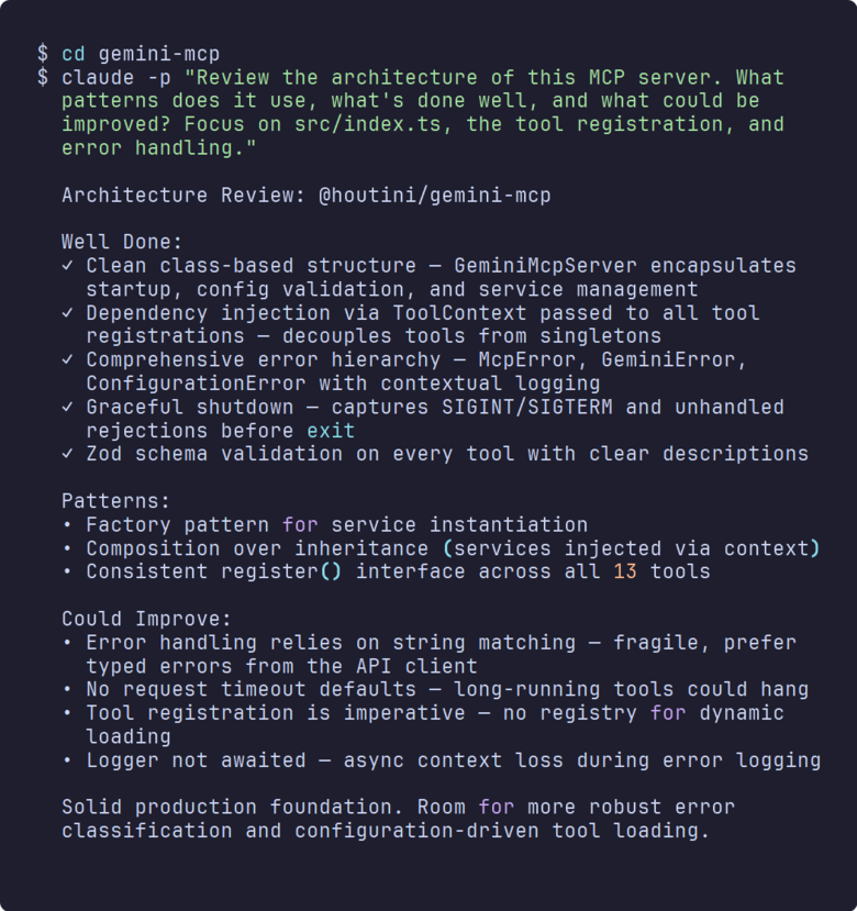 Terminal showing Claude Code reviewing the architecture of a production MCP server