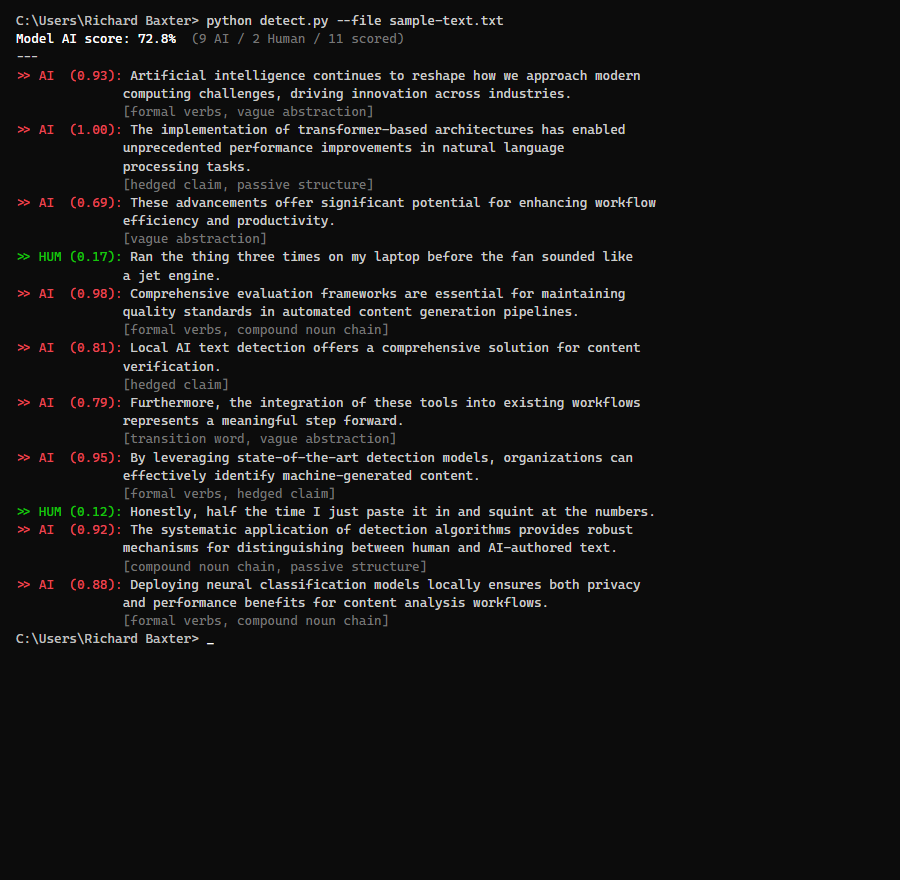 Per-sentence detection output showing red for AI-flagged sentences and green for human-classified ones