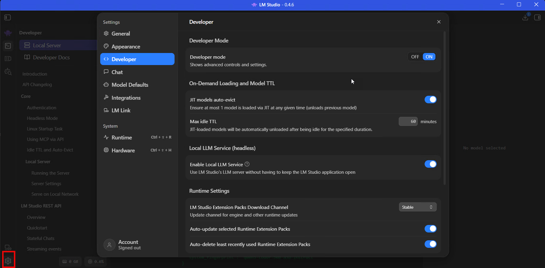 Developer Mode toggle in LM Studio settings