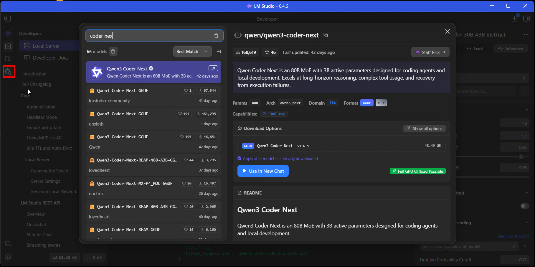 LM Studio model search showing Qwen3 Coder Next results