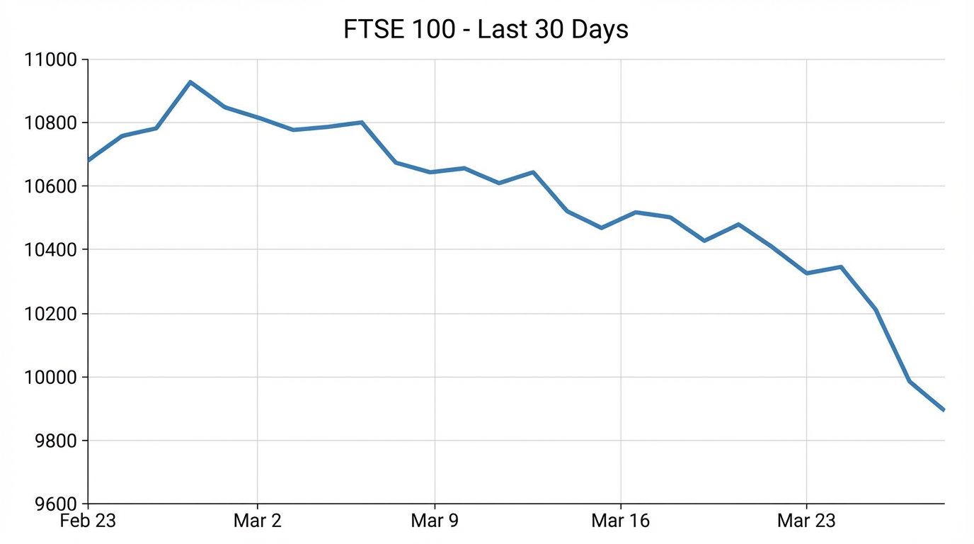 FTSE 100 line chart generated by Gemini MCP with use_search enabled, showing real closing prices from 24 Feb to 24 Mar 2026, sourced from London Stock Exchange data