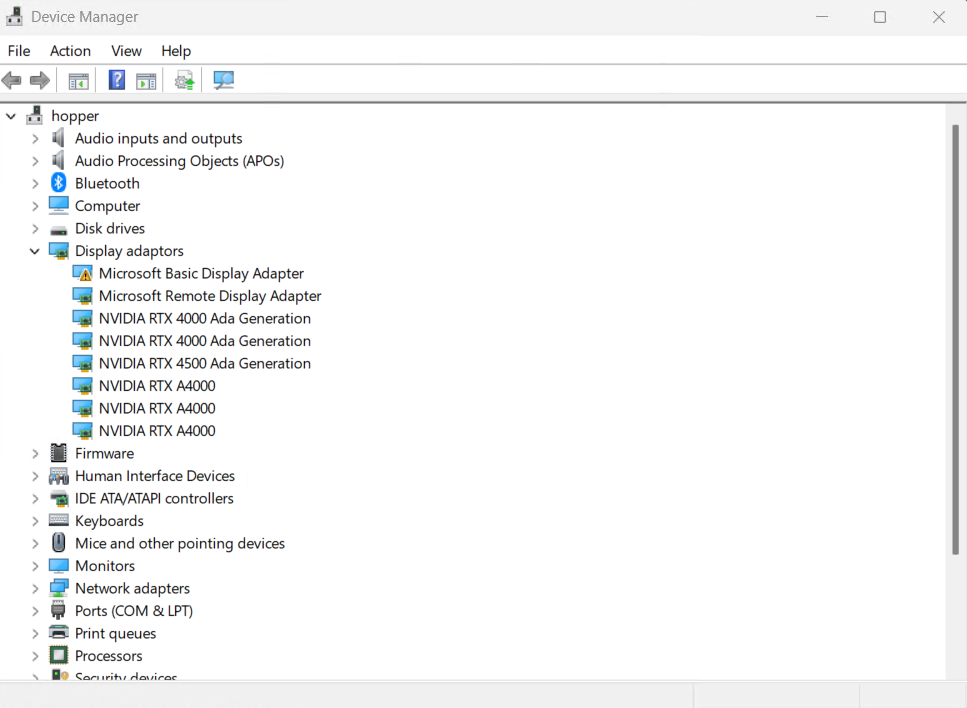 Device Manager showing six NVIDIA GPUs on hopper