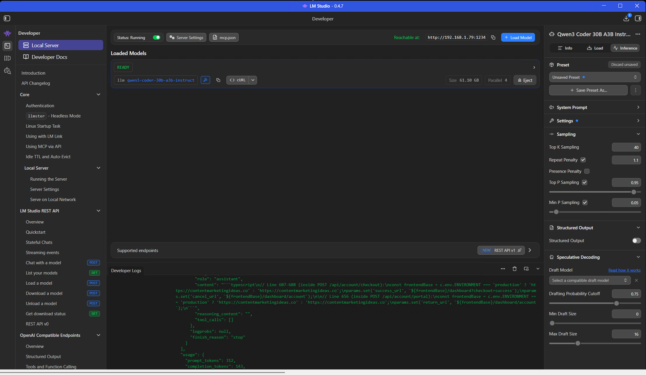 LM Studio running Qwen3 Coder Next on hopper - the local server interface showing the model loaded and API endpoint active