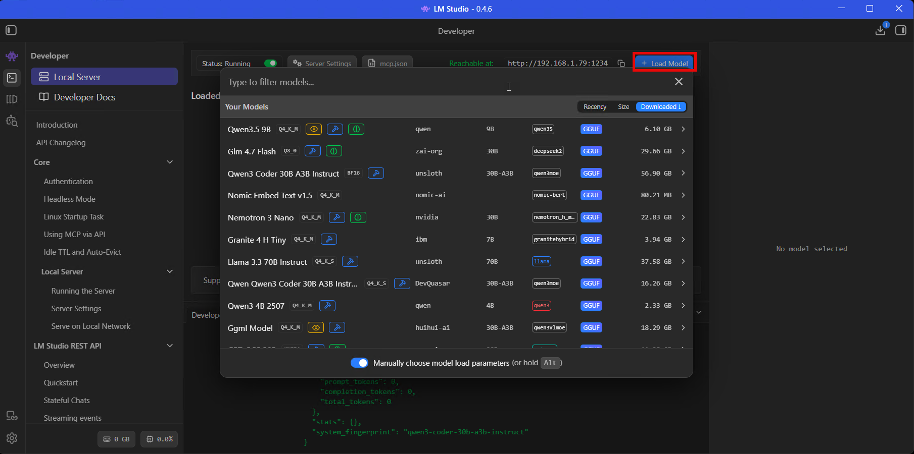 LM Studio Developer tab showing loaded models and server status