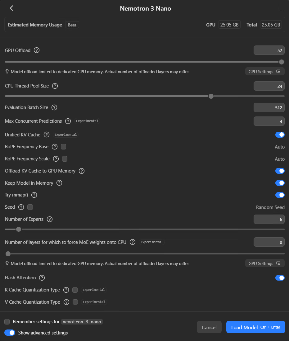 Advanced model load settings including MoE expert count and KV cache options