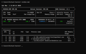 nvidia-smi terminal output showing NVIDIA GeForce RTX 3080, Driver 591.86, CUDA 13.1, 39°C, 1108MiB memory usage