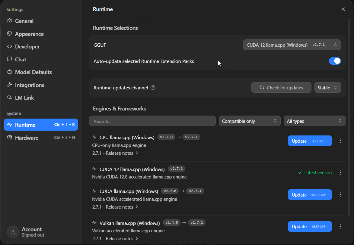 LM Studio Runtime settings showing llama.cpp engines