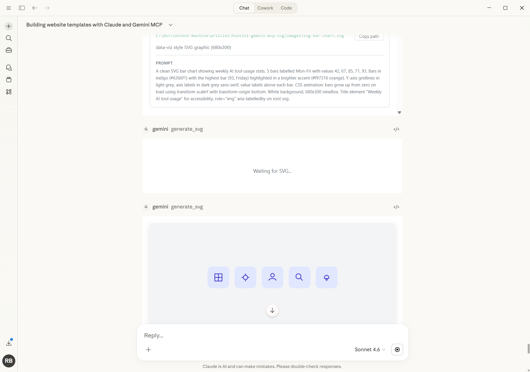 Claude Desktop showing the generate_svg tool call with the UI icon set rendered inline in the MCP app preview panel