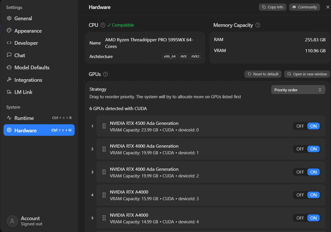 LM Studio hardware settings showing GPU priority order