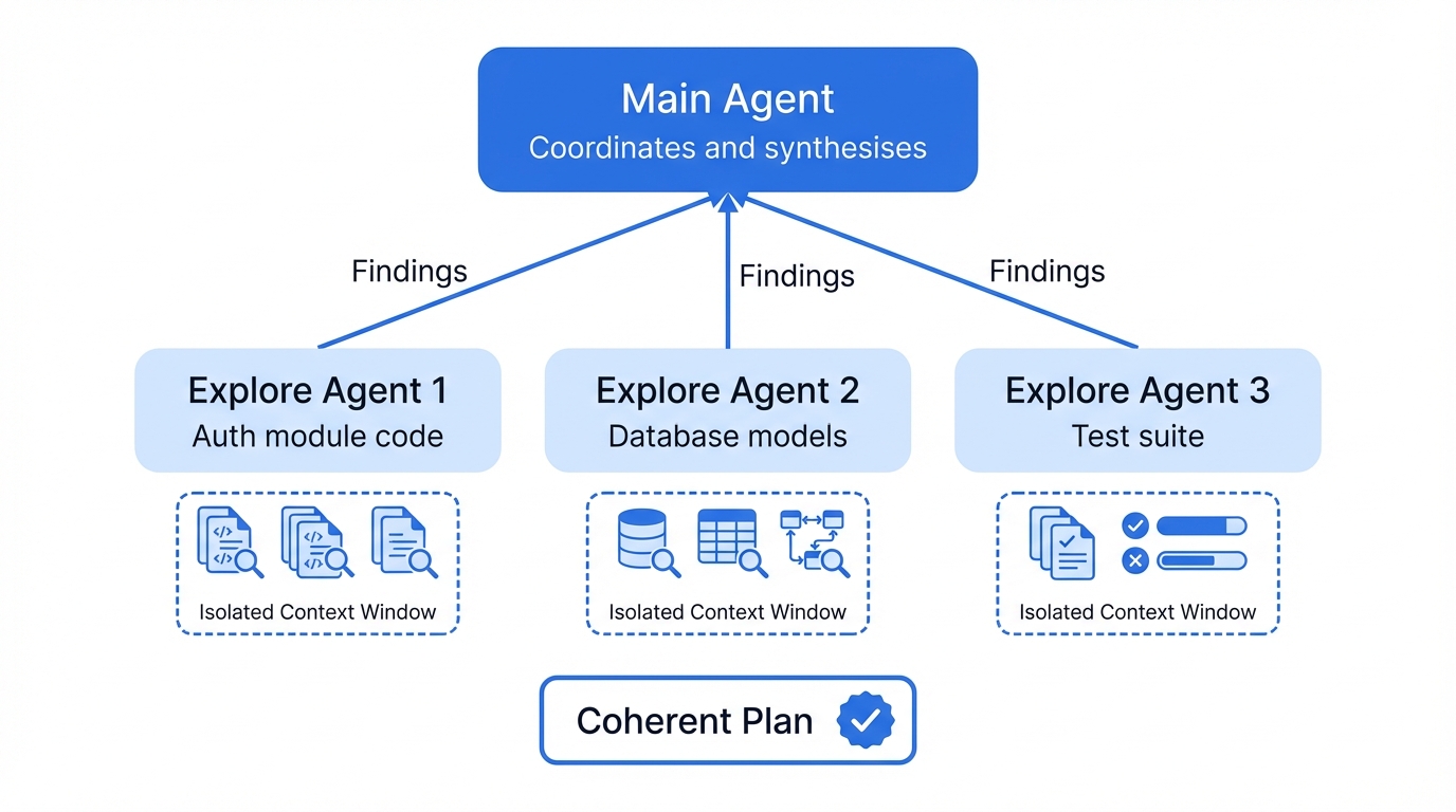 Diagram showing how Claude Code delegates tasks to parallel sub-agents