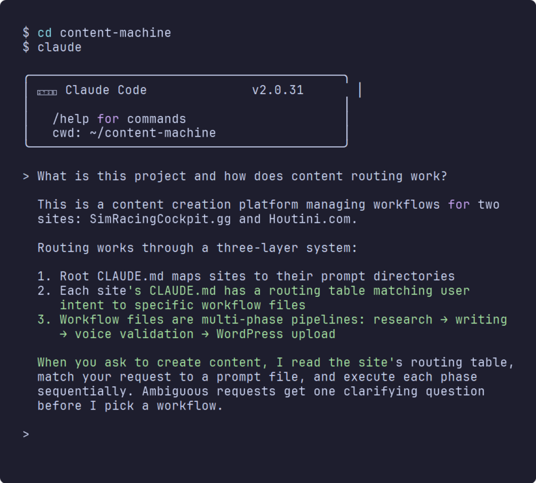 Terminal showing Claude Code scanning a project directory and answering a question about how content routing works