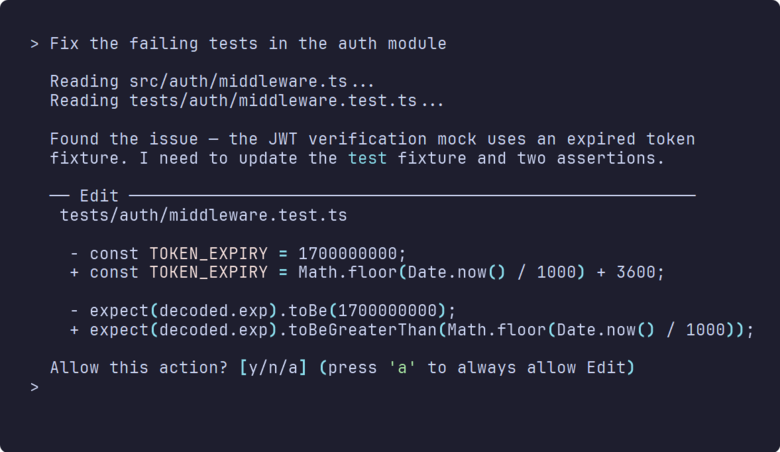 Terminal showing Claude Code permission prompt asking to allow or deny a file edit with diff preview