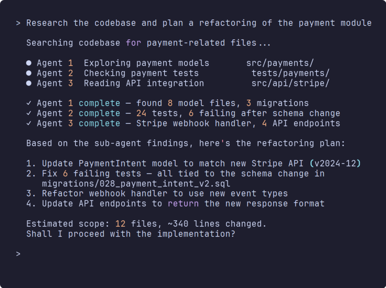 Terminal showing Claude Code spawning three sub-agents to explore different parts of a codebase in parallel