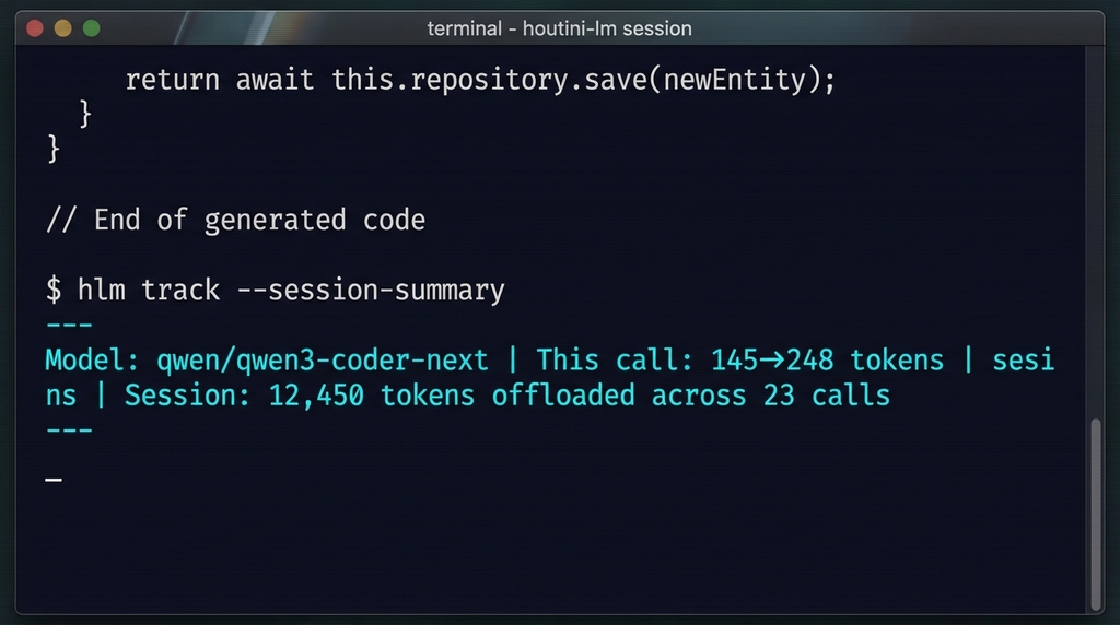 Terminal session footer showing houtini-lm token tracking: model name, tokens per call, and cumulative session offload count