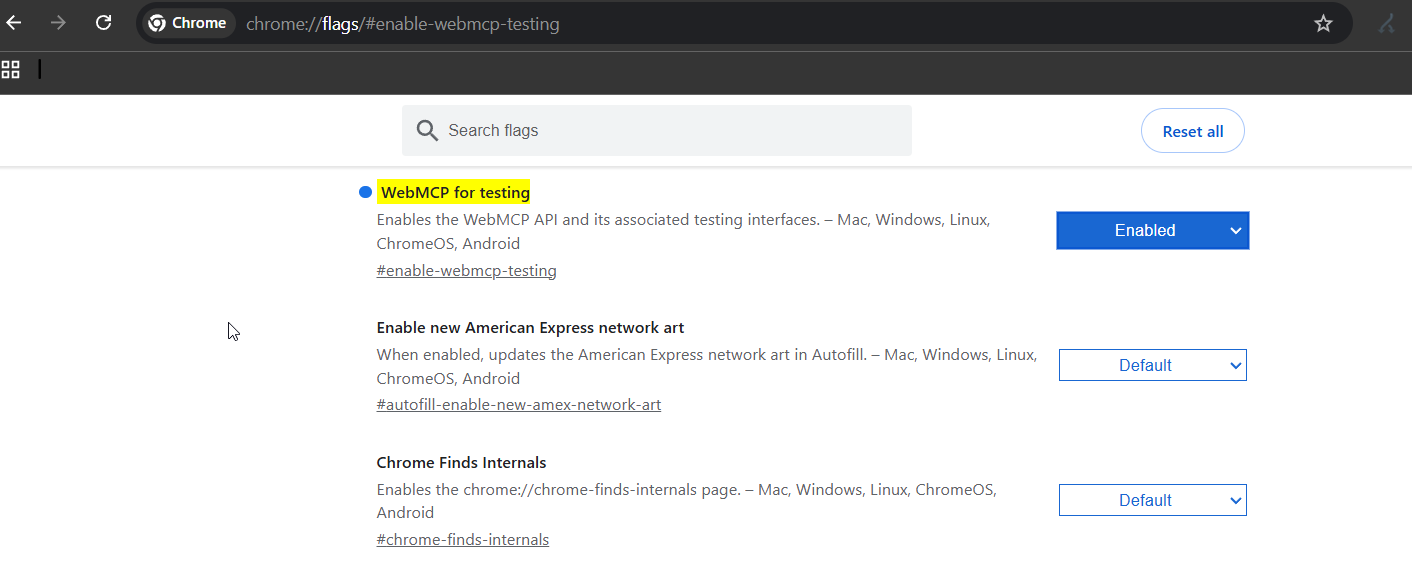 Chrome flags page with the WebMCP for testing flag highlighted and set to Enabled