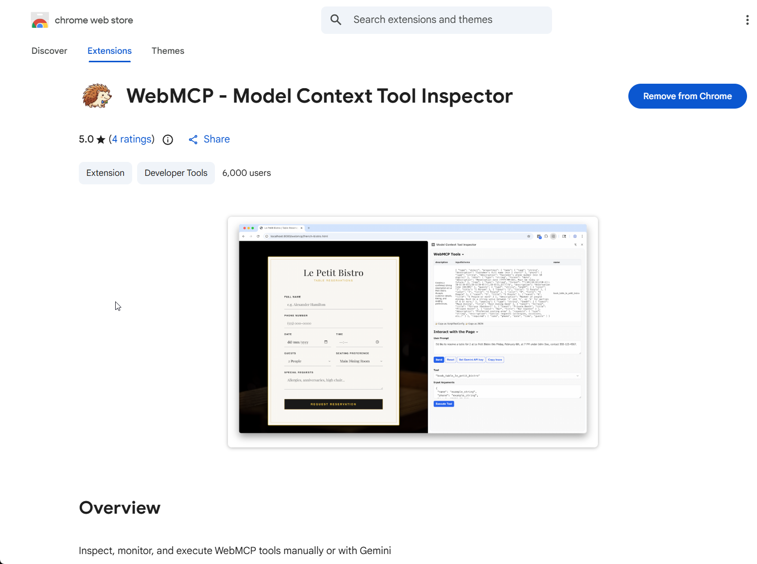 Chrome Web Store listing for the WebMCP Model Context Tool Inspector extension