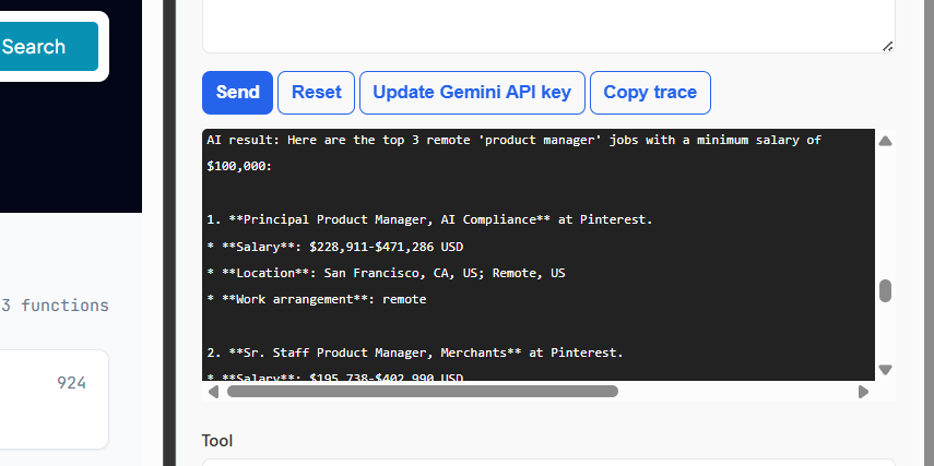 Inspector panel showing a ranked list of product manager job results returned by a WebMCP data-retrieval tool