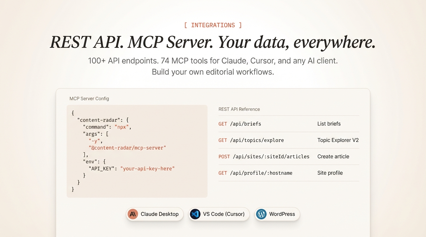 MCP server configuration and REST API reference