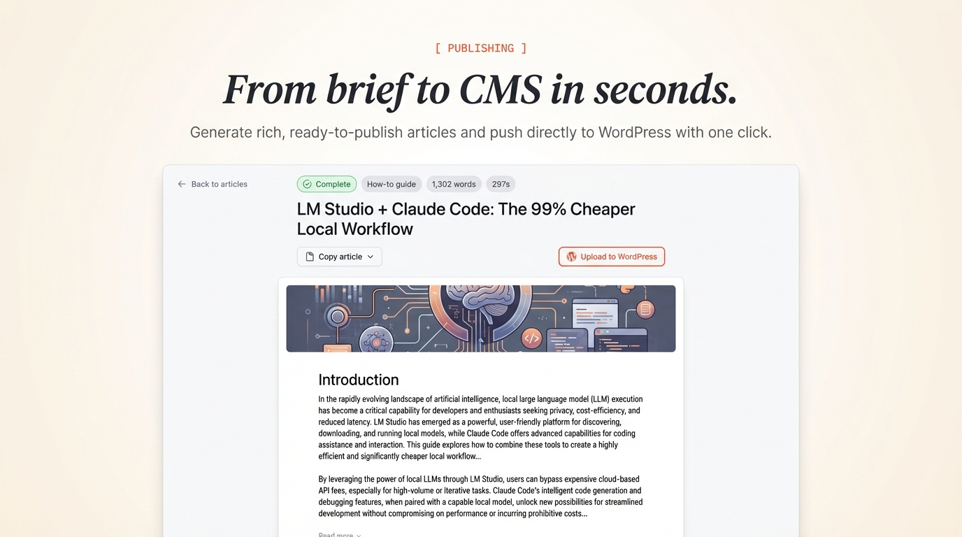Article generation showing completed draft with WordPress upload