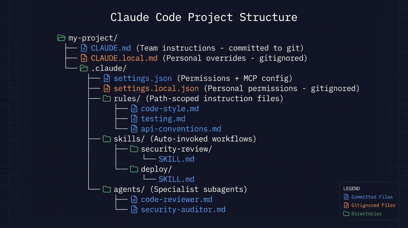 Claude Code project directory structure showing CLAUDE.md, .claude folder with rules, skills, agents, and settings