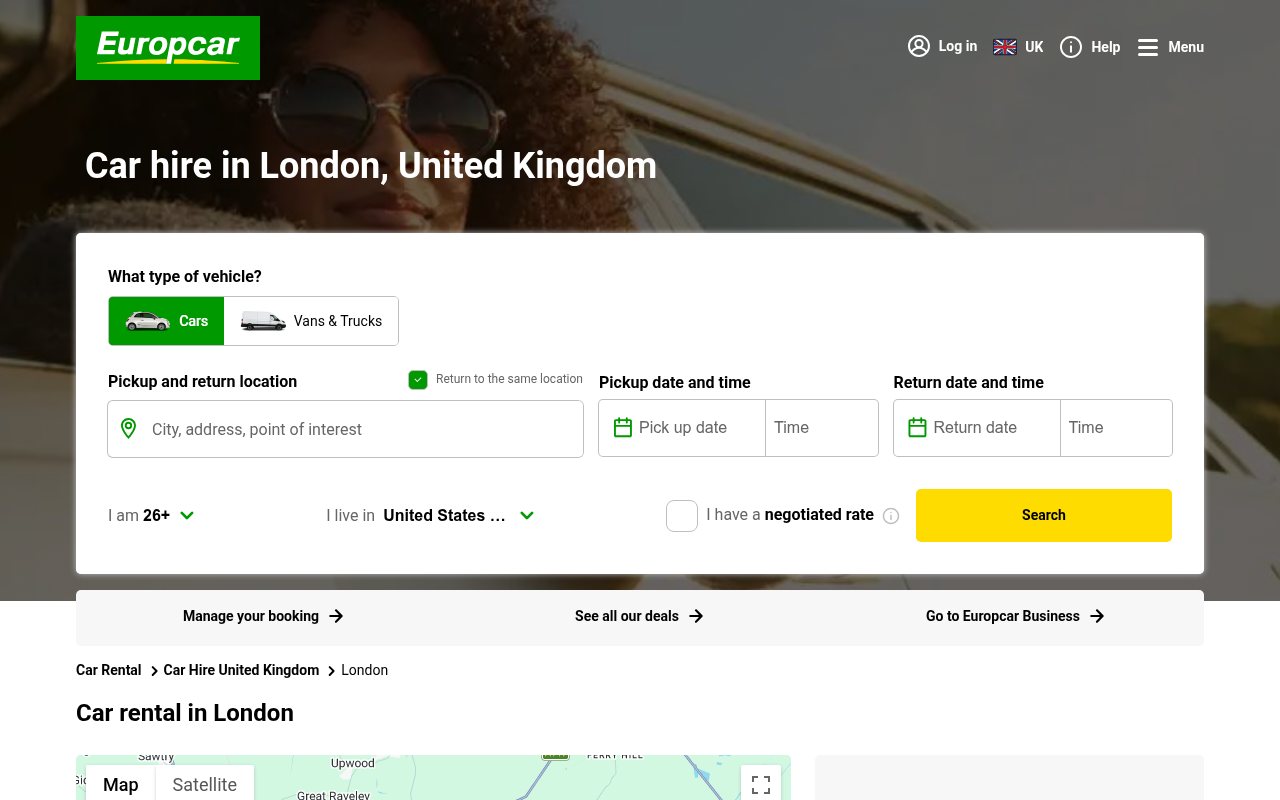 Europcar London car hire page