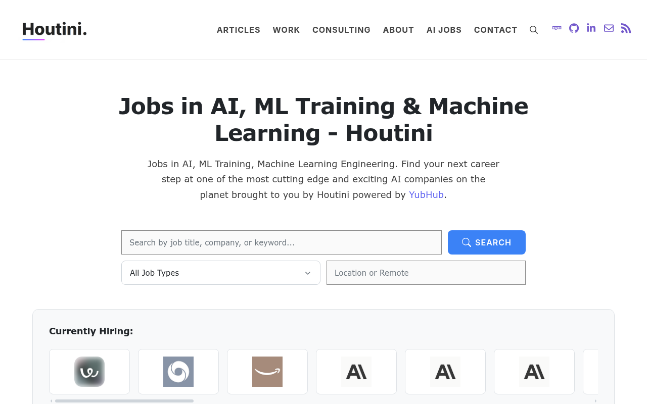 Live YubHub job feed rendering 1,100+ AI jobs on houtini.com/jobs/