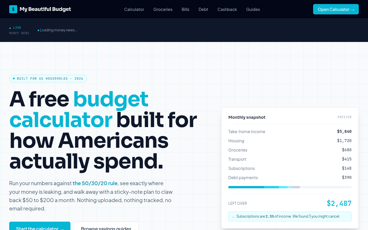 My Beautiful Budget - free 50/30/20 budget calculator for US households