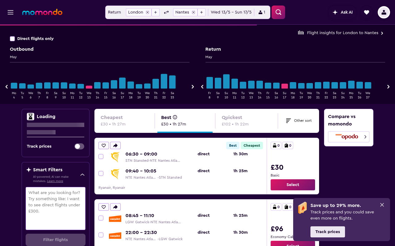 Momondo flight search results page