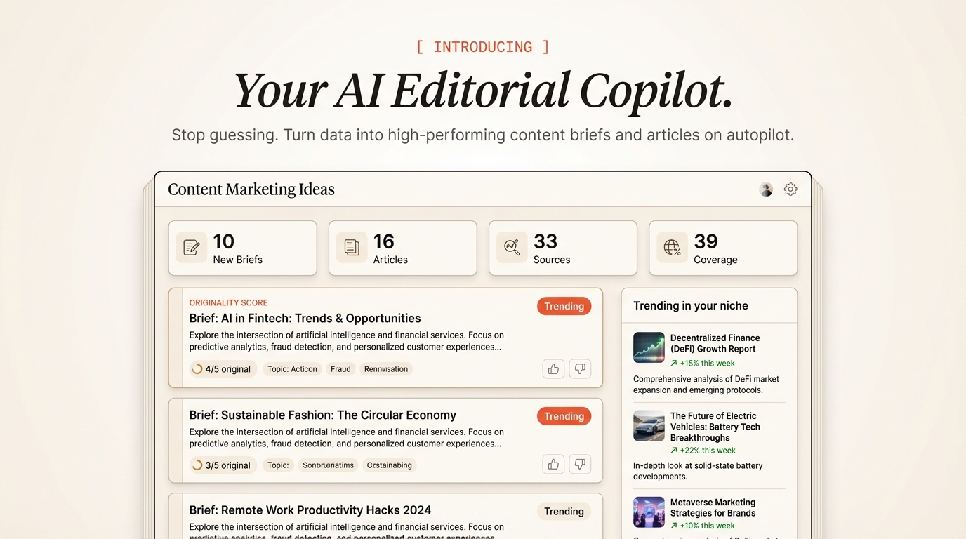 Content Marketing Ideas - editorial copilot dashboard showing briefs, sources, and trending topics