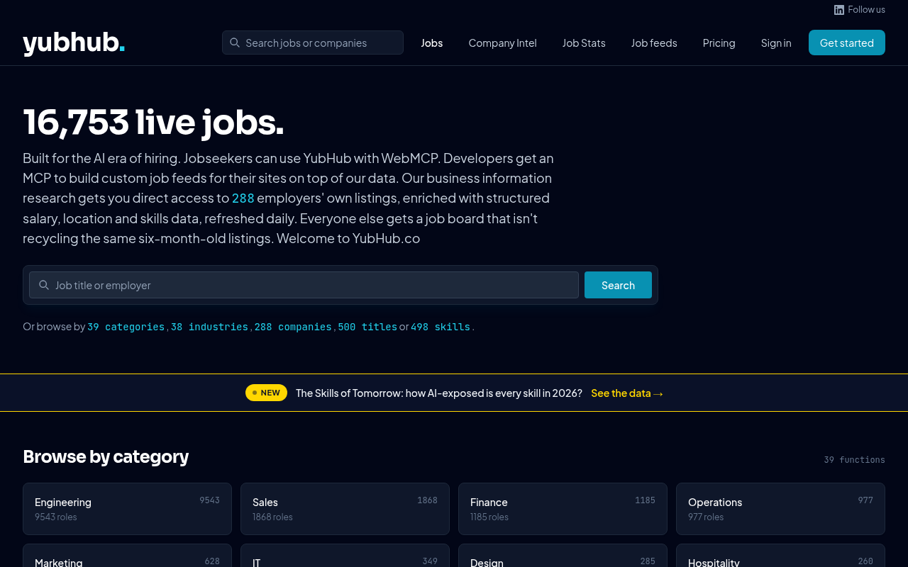 YubHub homepage showing 16,753 live jobs from 288 employers