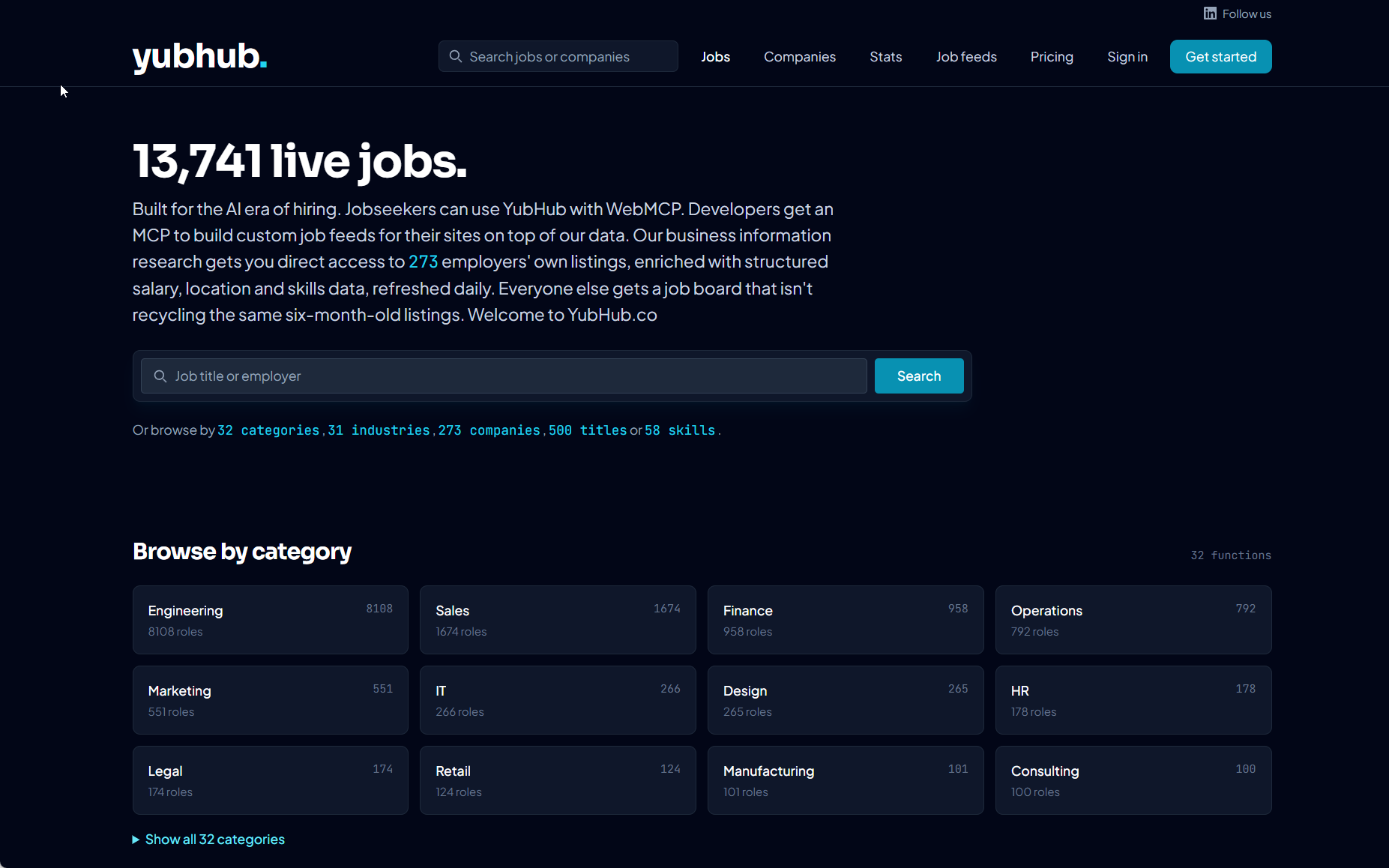 YubHub v2 homepage showing 13,741 live jobs with WebMCP search and category browse